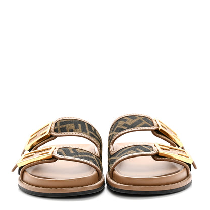 Fendi Fabric Jacquard Nappa FF Womens Fendi Feel Buckled Slide Sandals 37 Tobacco Black Miele Scuro 2 of 14