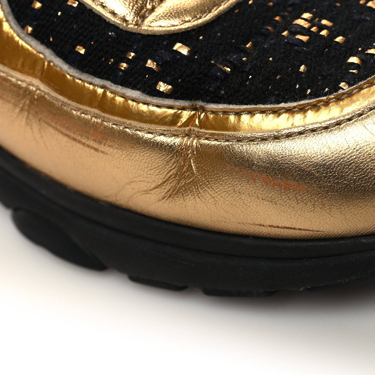 Satin Lambskin Fabric Tweed CC Sneakers 38.5 Gold Black