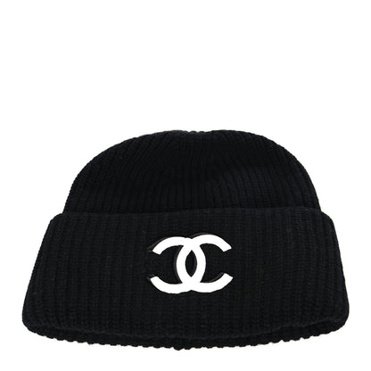 Chanel Wool Cashmere CC Beanie Hat Light Black White 1 of 4