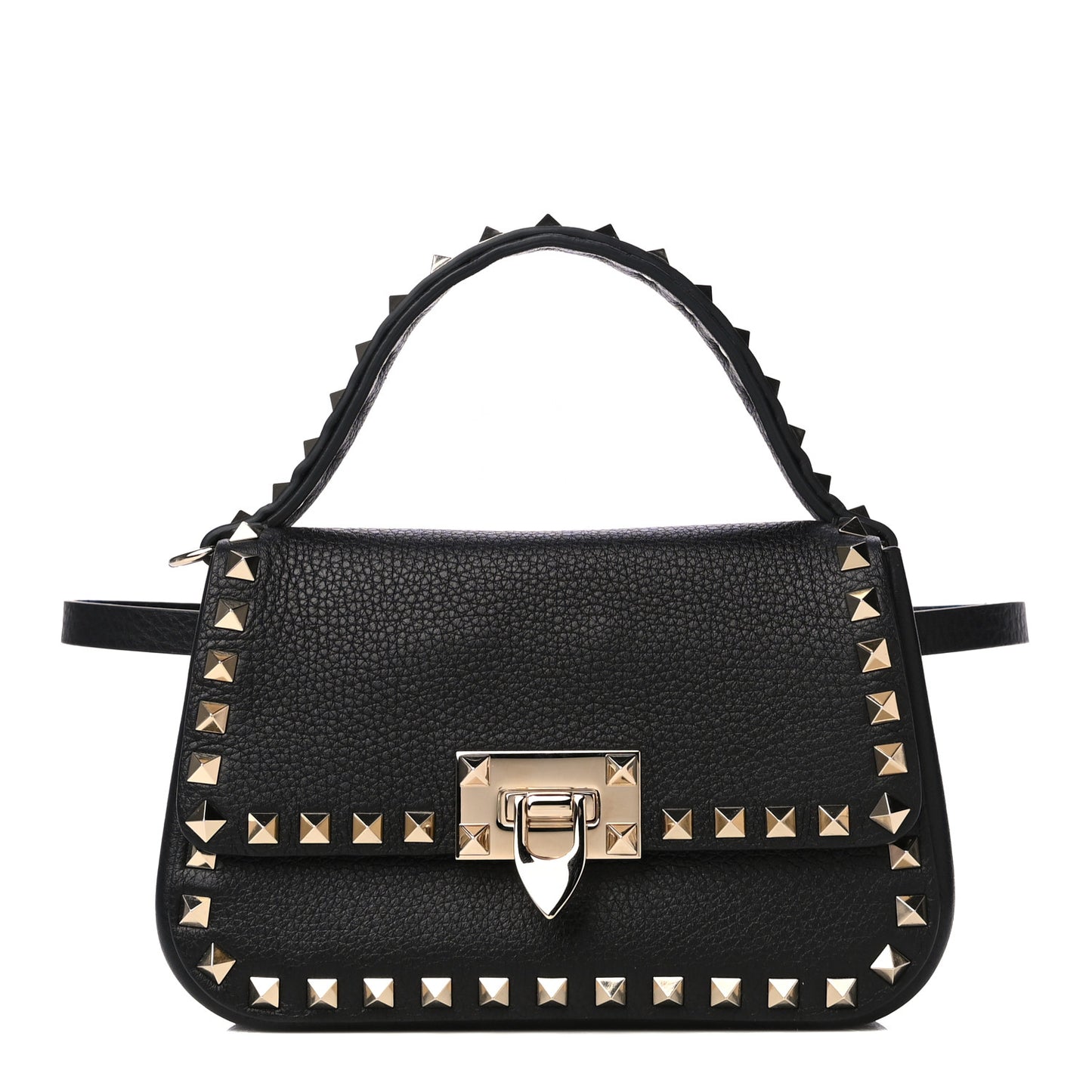 Grainy Calfskin Small Rockstud Top Handle Bag Black