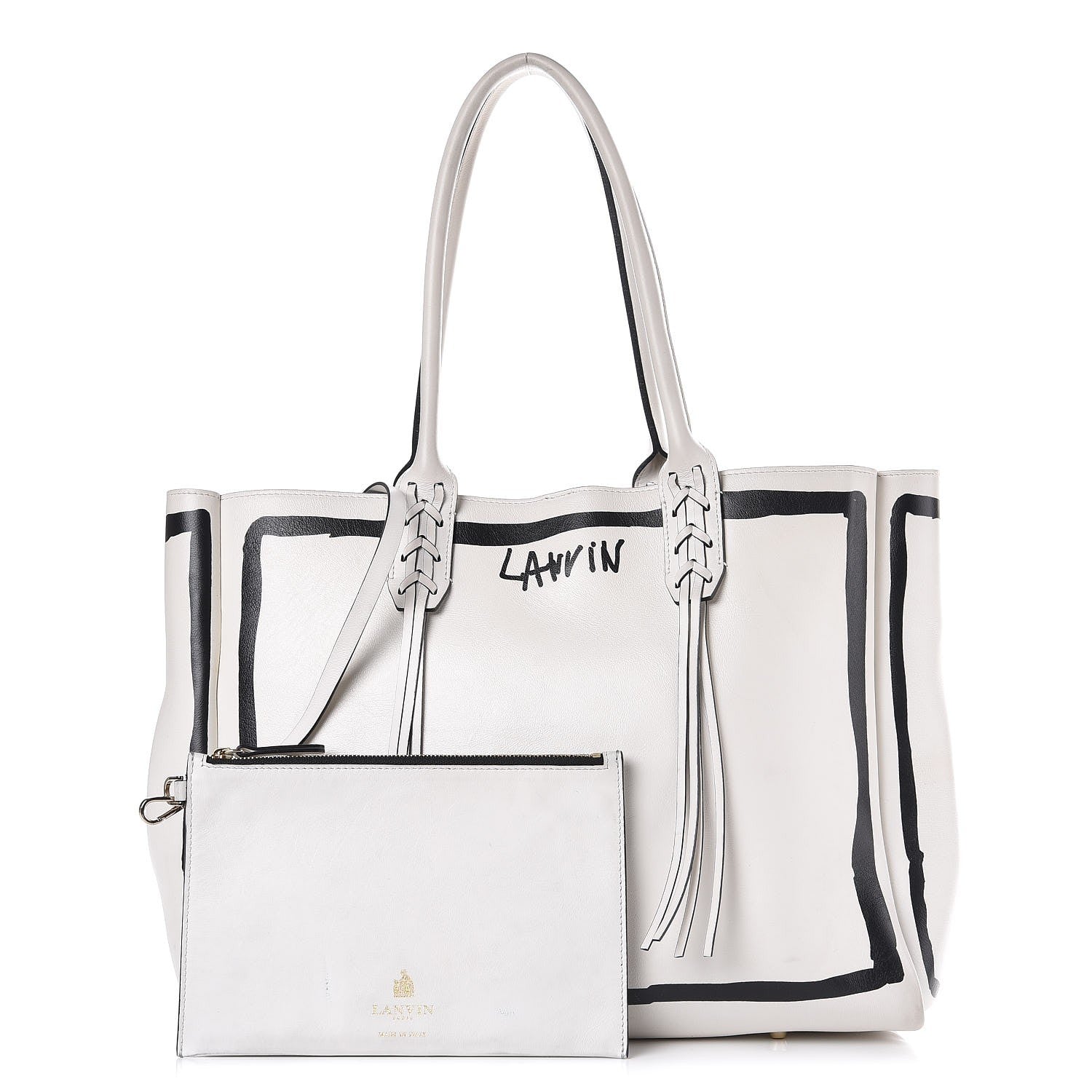 Lanvin Smooth Calfskin Printed Small Fringe Shopper Tote Black White 3 of 23