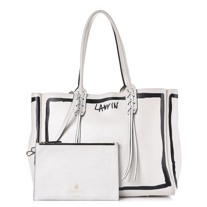 Lanvin Smooth Calfskin Printed Small Fringe Shopper Tote Black White 3 of 23