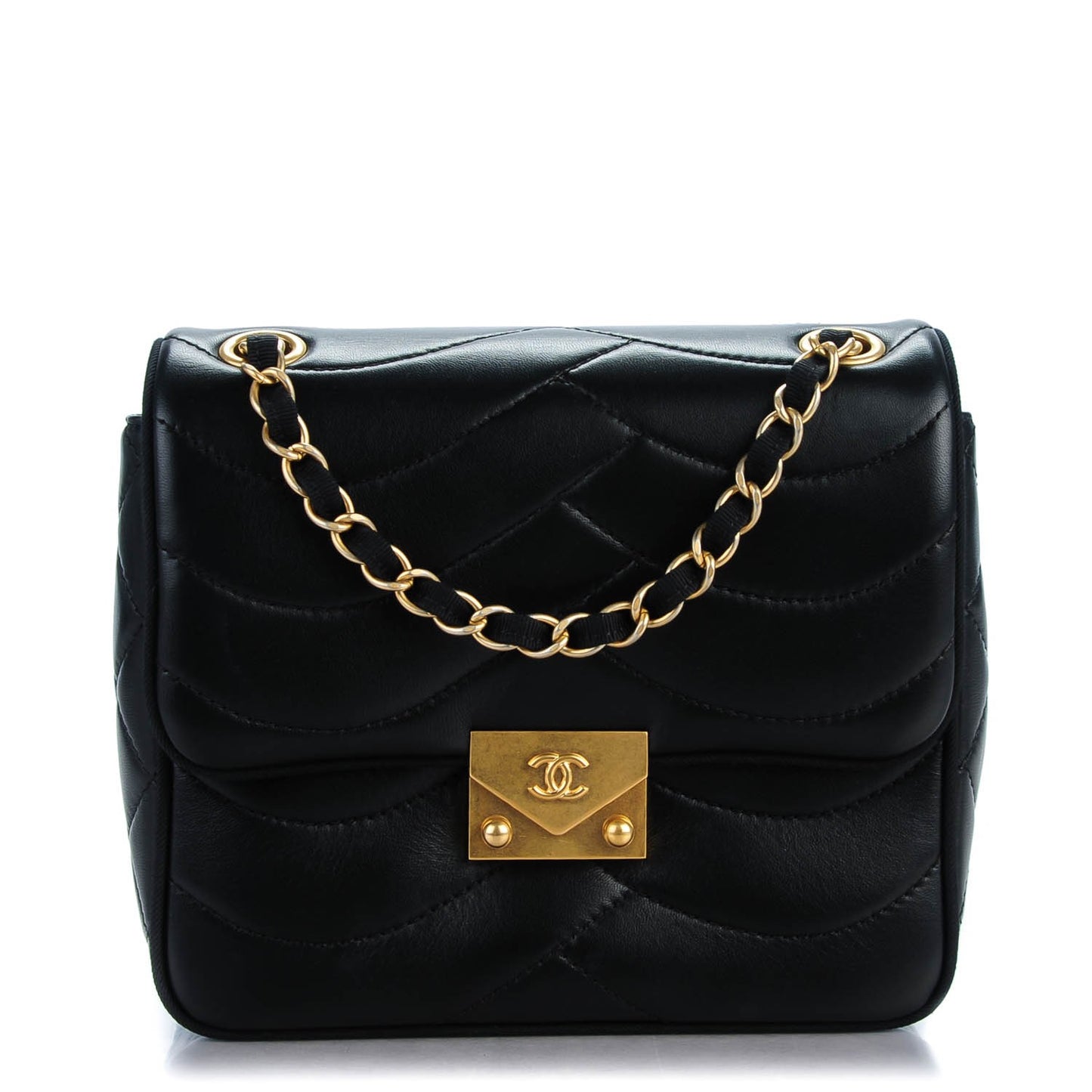 Lambskin Scallop Quilted Mini Pagoda Square Flap Black