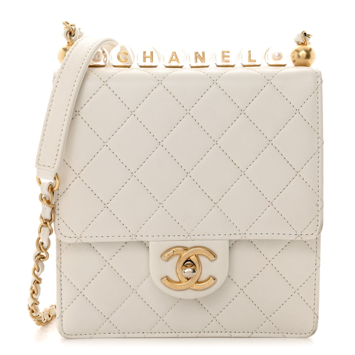 Lambskin Quilted Chic Pearls Flap White