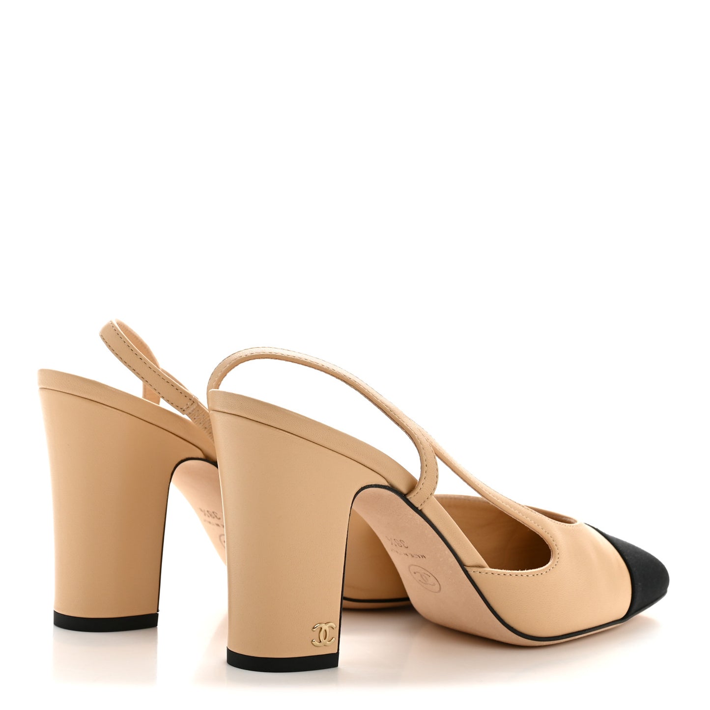 Goatskin Grosgrain Cap Toe CC Slingback Pumps 38.5 Beige Black
