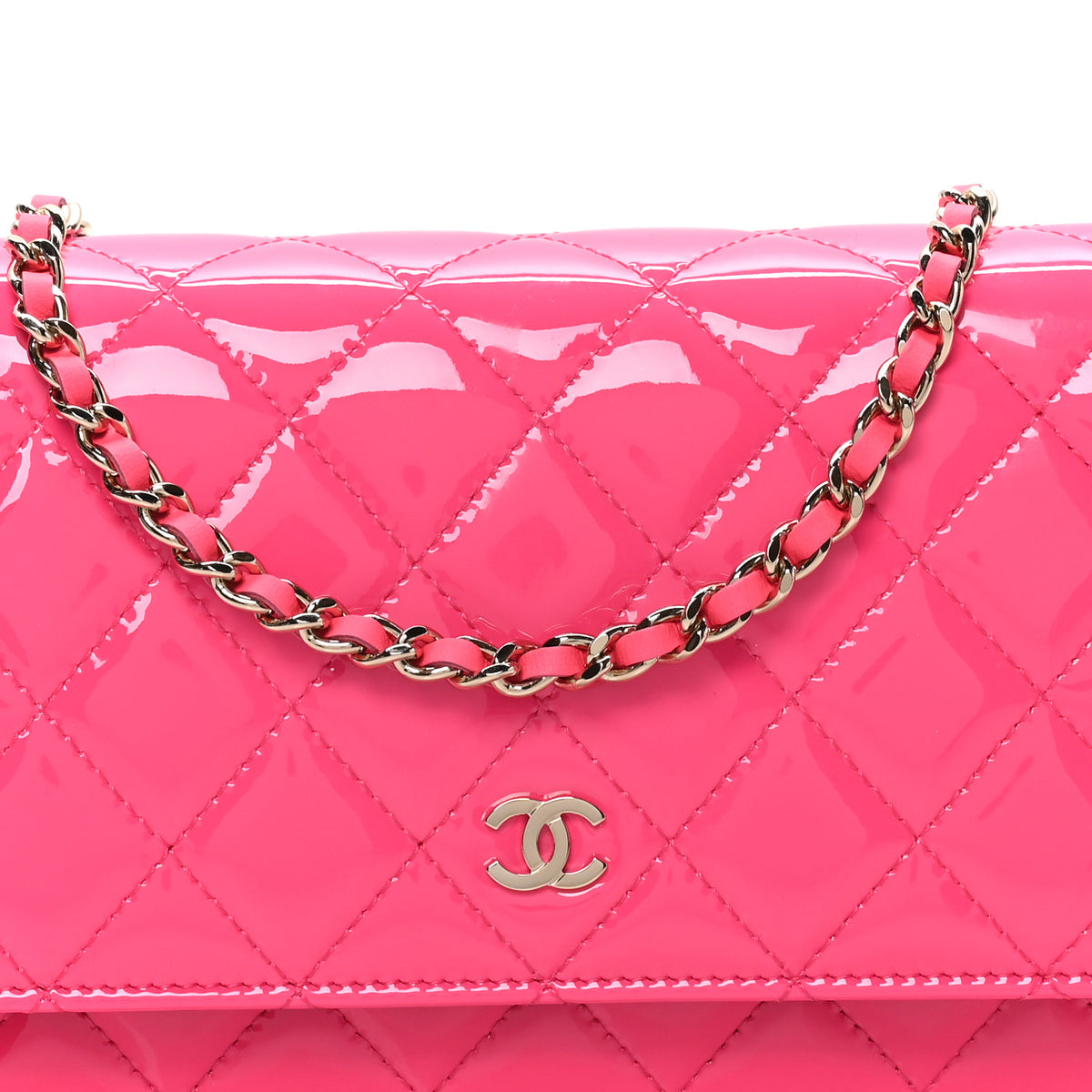 Patent Calfskin Quilted Wallet On Chain WOC Pink