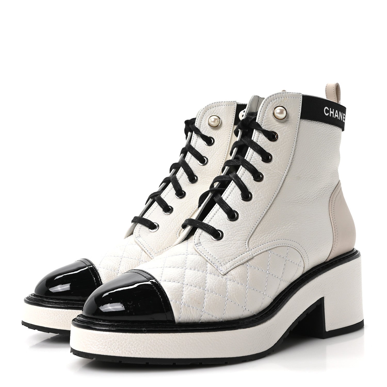 Chanel Pearly Calfskin Patent Calfskin Quilted Lace Up Boots 38 White Light Gray Black 4 of 10