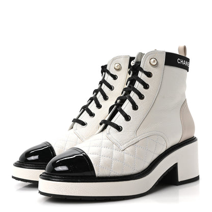 Chanel Pearly Calfskin Patent Calfskin Quilted Lace Up Boots 38 White Light Gray Black 4 of 10