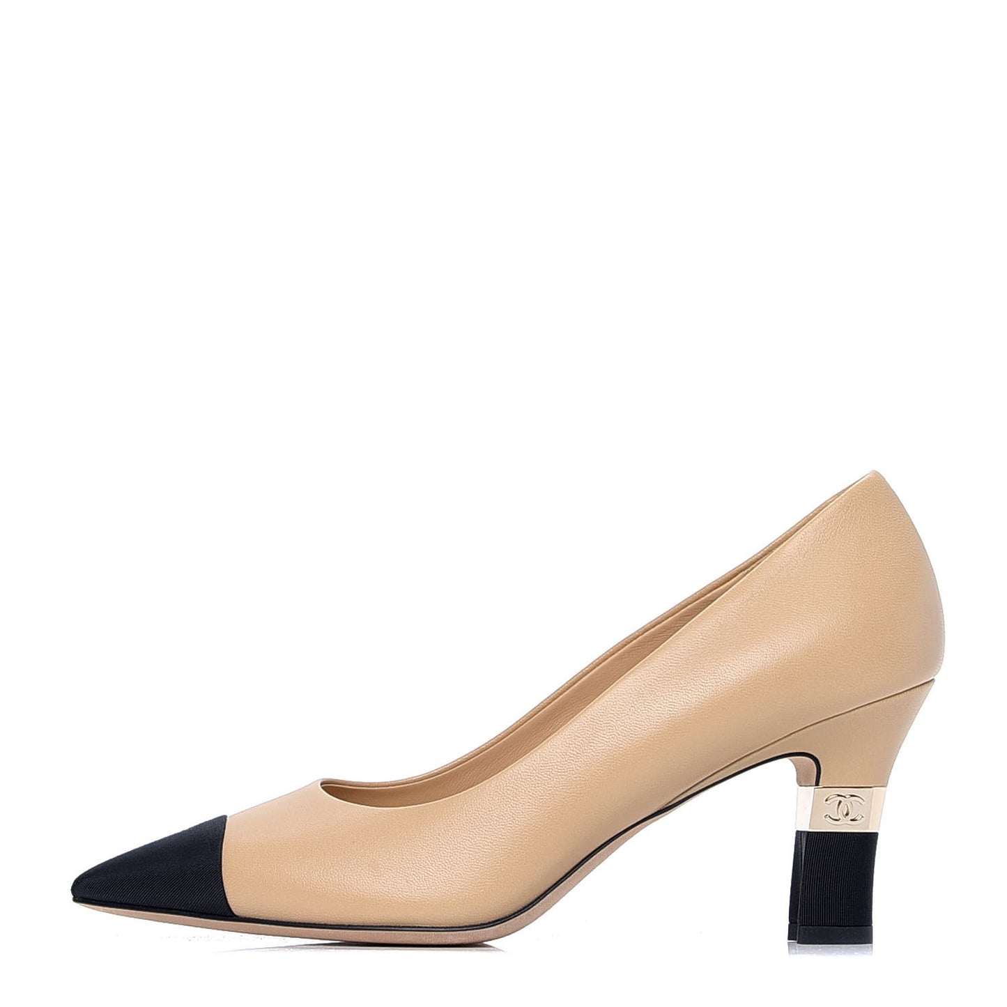 Lambskin Grosgrain Cap Toe CC Pumps 39 Beige Black
