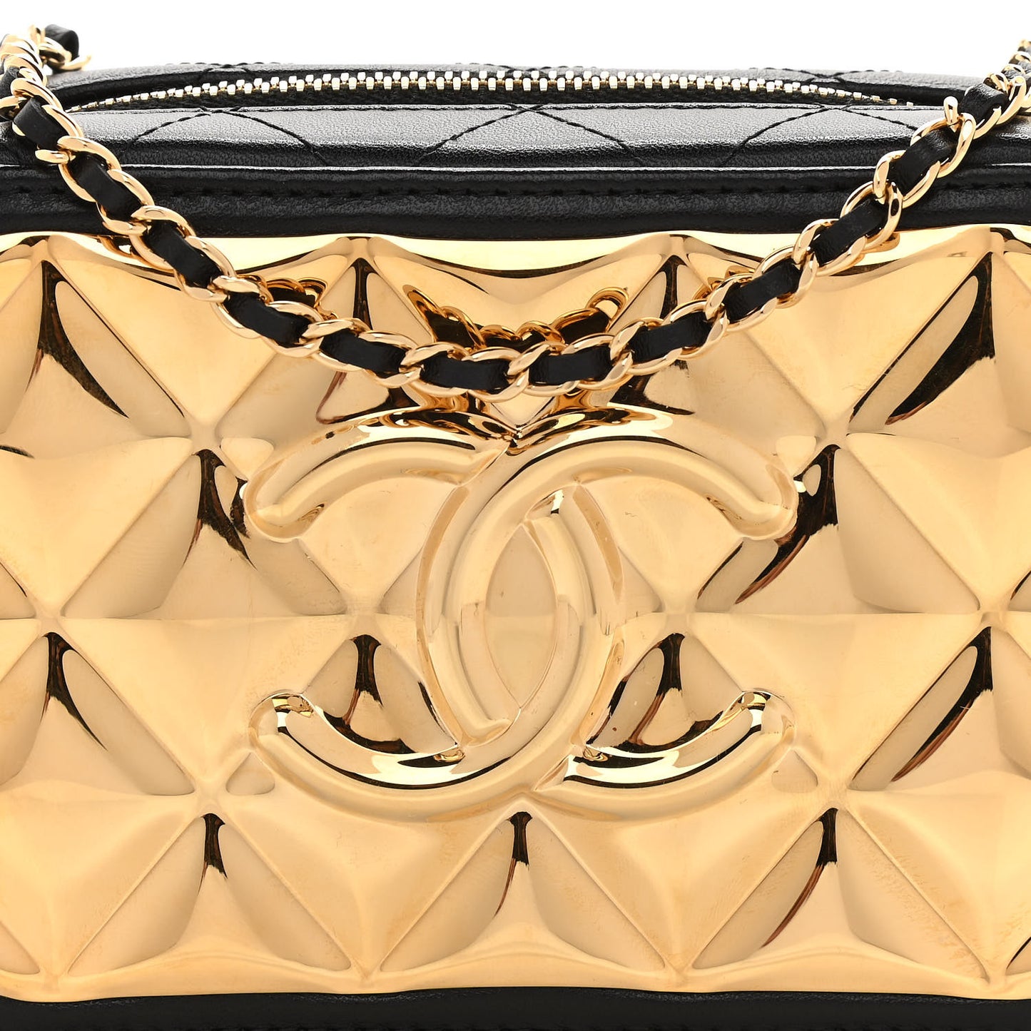 Lambskin Quilted Golden Plate Clutch With Chain Black