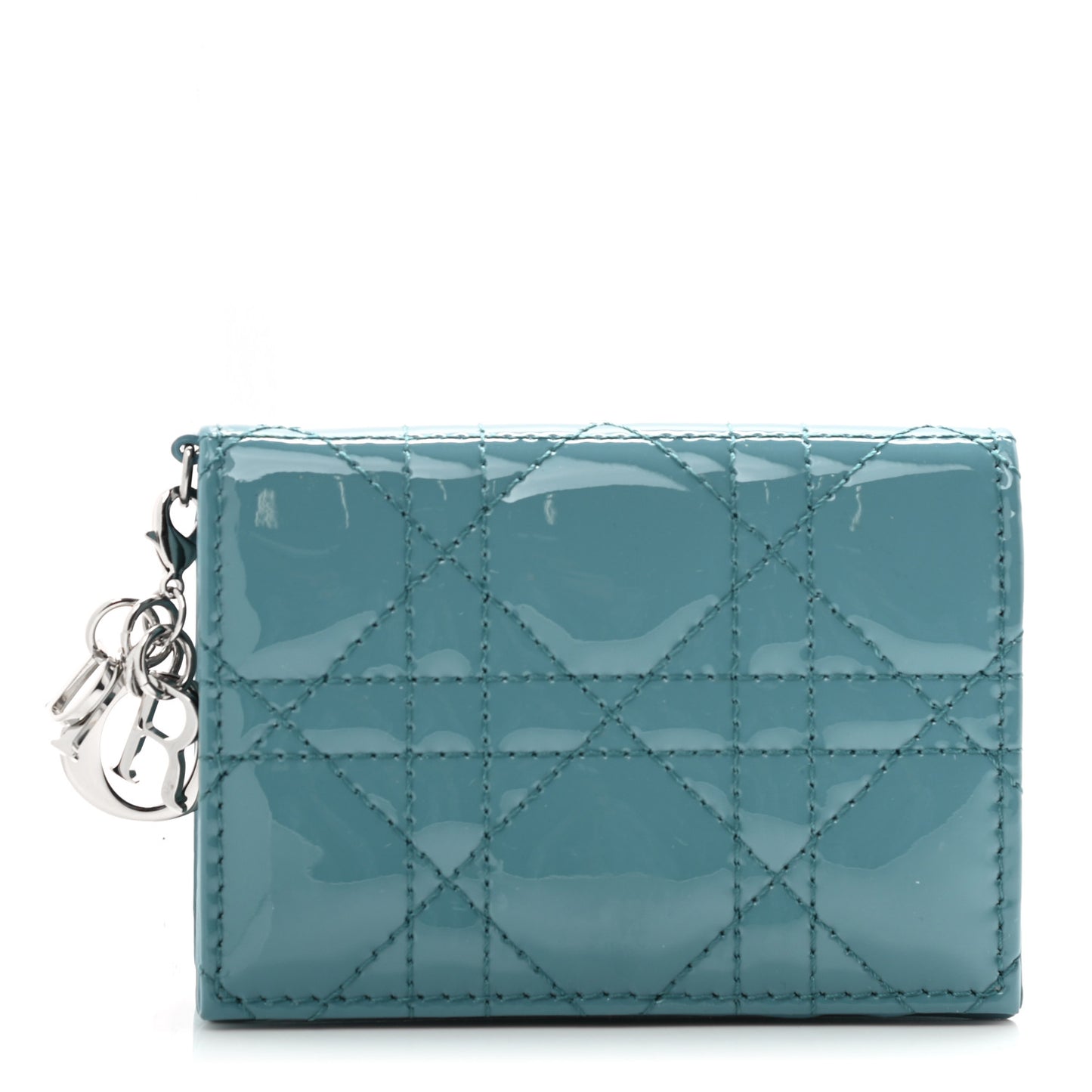Patent Cannage Small Lady Dior Flap Card Holder Gray Stone