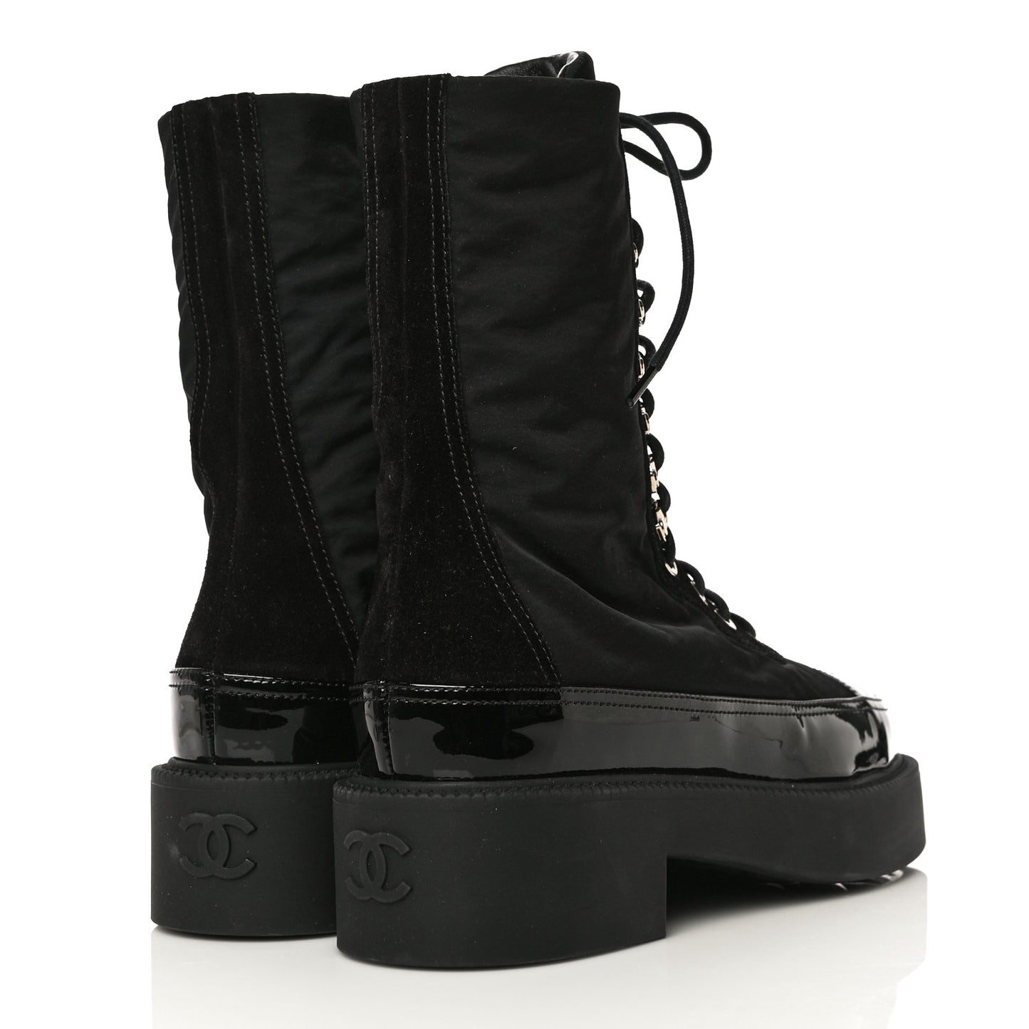 Nylon Suede Patent Calfskin CC Lace Up Boots 36.5 Black