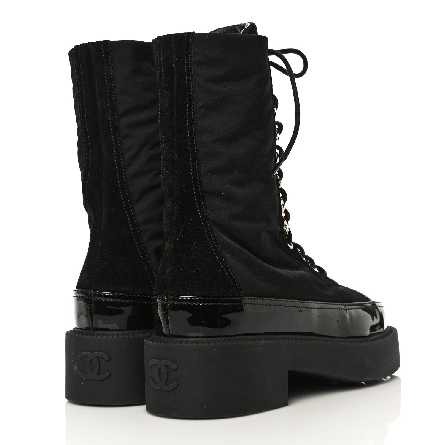 Chanel Nylon Suede Patent Calfskin CC Lace Up Boots 36.5 Black 4 of 13