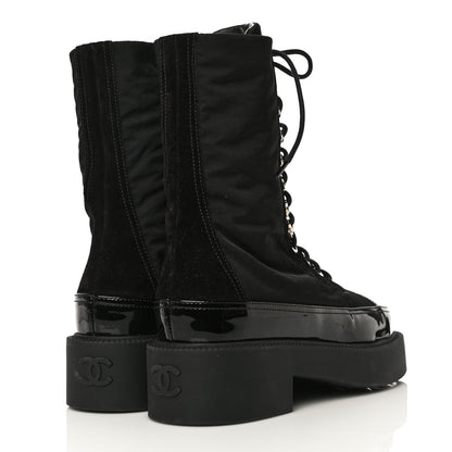 Chanel Nylon Suede Patent Calfskin CC Lace Up Boots 36.5 Black 4 of 13