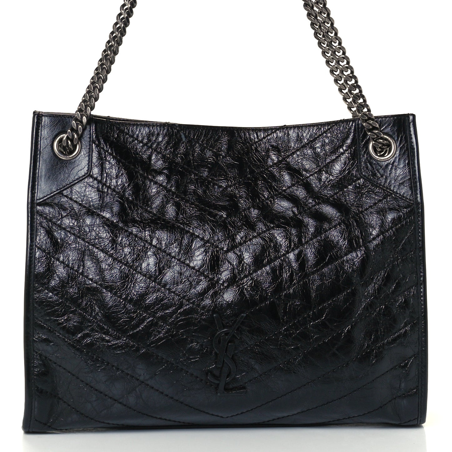 Crinkled Calfskin Matelasse Monogram Medium Niki Shopper Tote Black