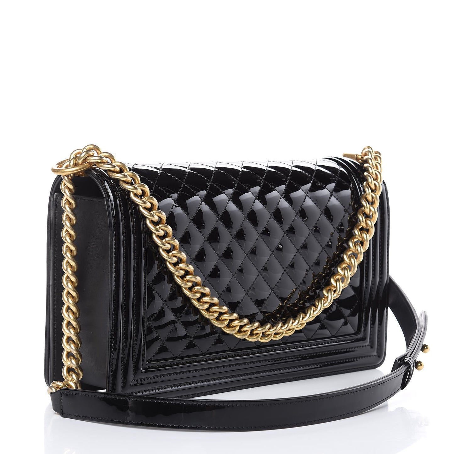 Patent Calfskin Quilted New Medium Boy Flap Black