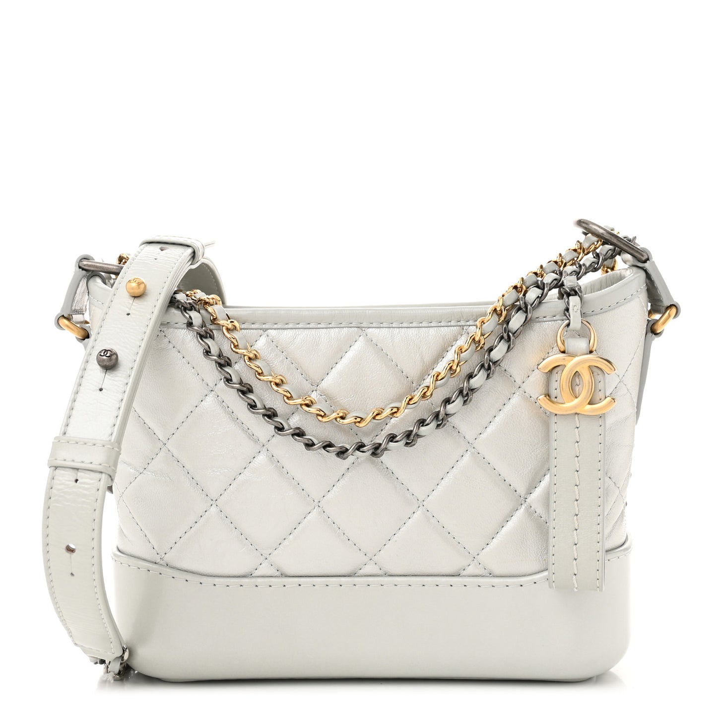 Metallic Aged Calfskin Quilted Small Gabrielle Hobo Light Silver