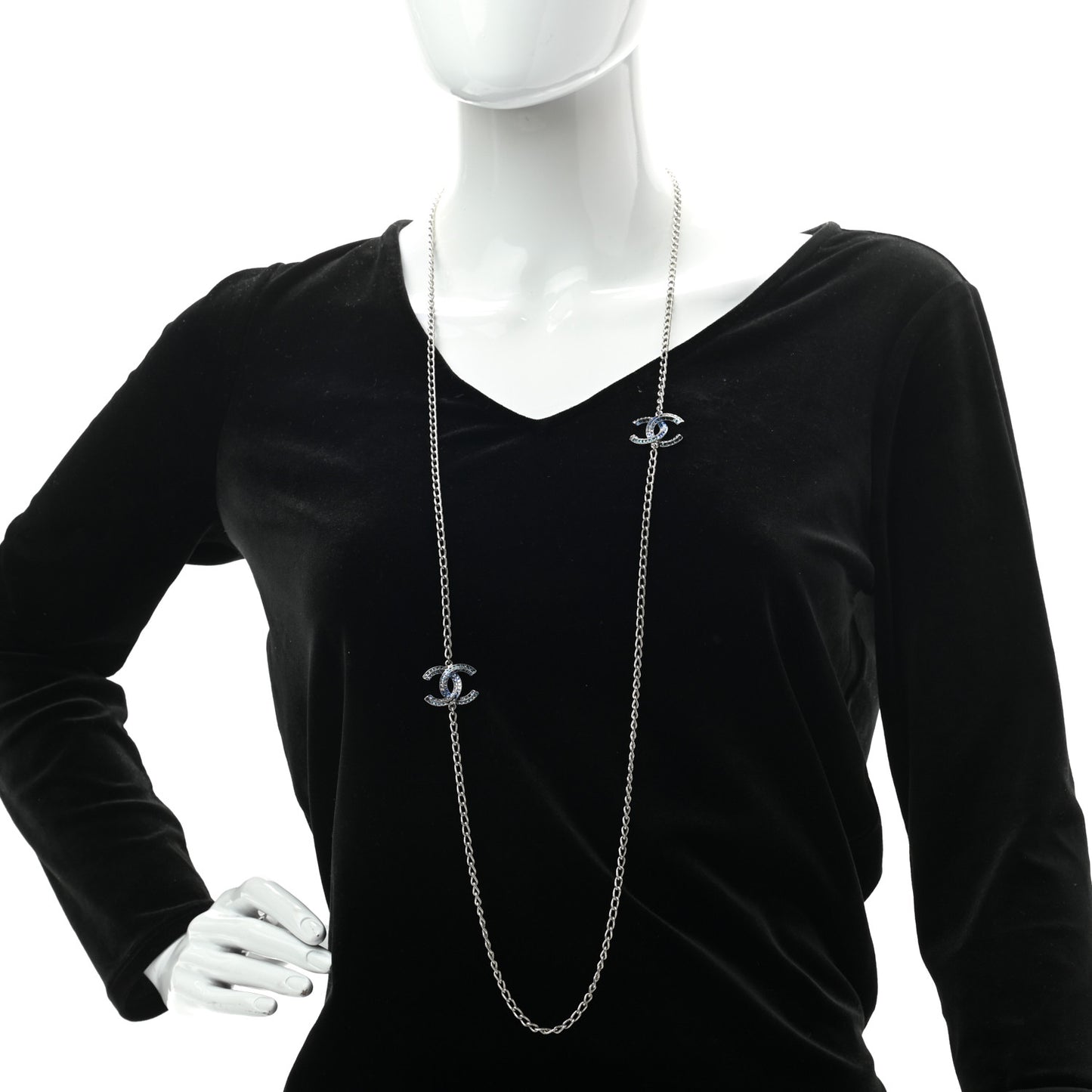 Crystal Baguette CC Double Strand Necklace Silver Blue
