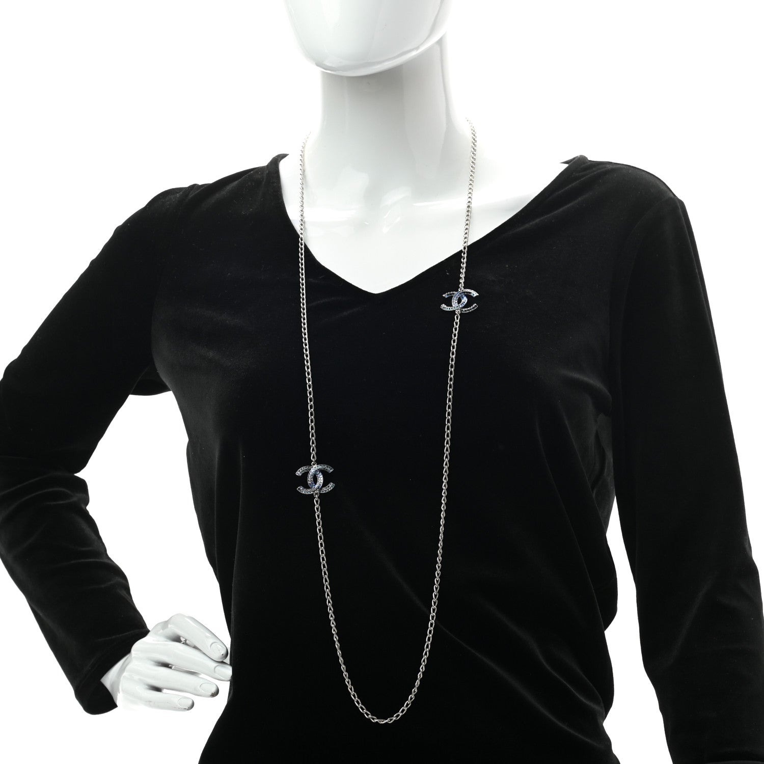 Chanel Crystal Baguette CC Double Strand Necklace Silver Blue 2 of 6