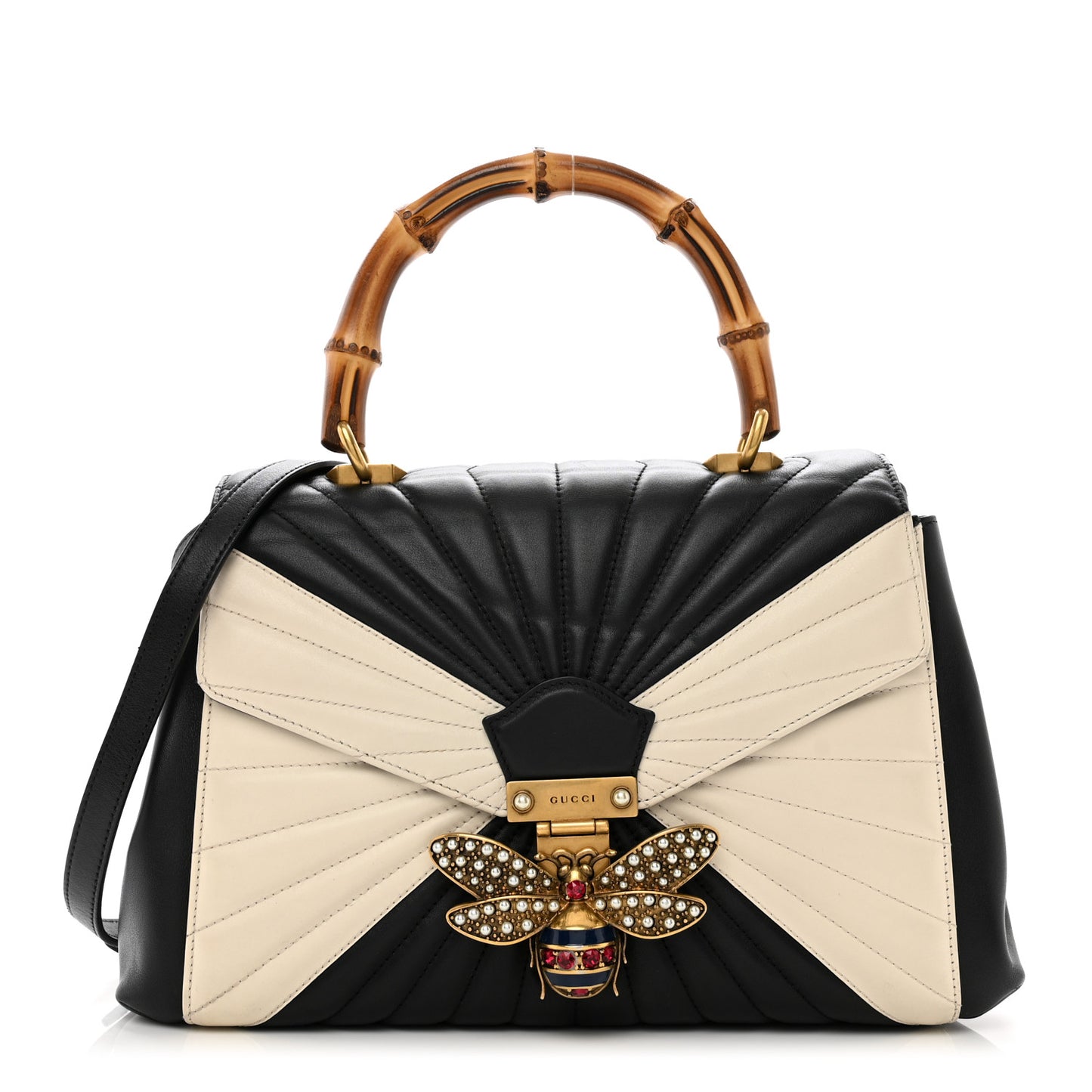 Calfskin Bamboo Trapuntata Queen Margaret Top Handle Bag Mystic White Black