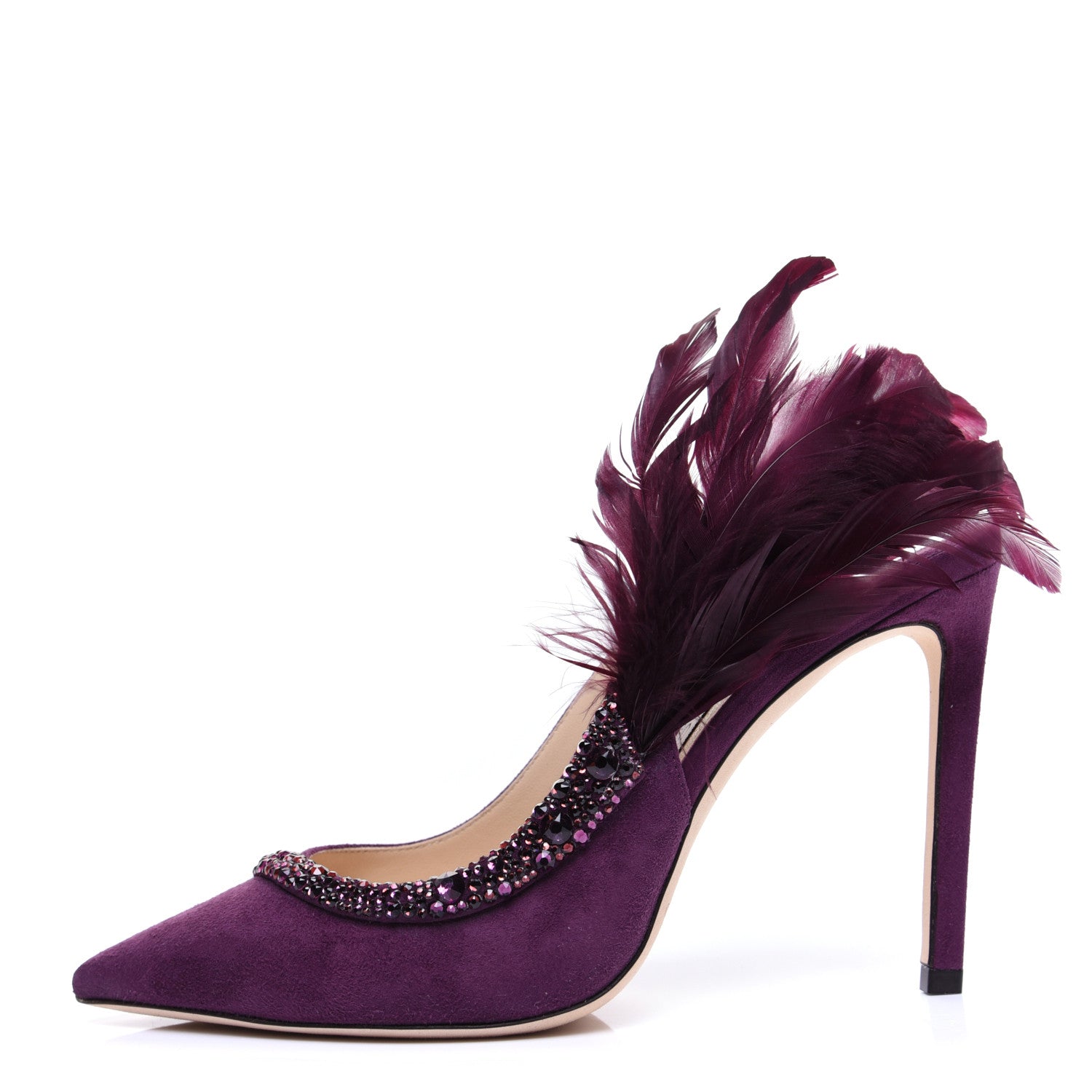 Jimmy Choo Suede Crystal Feather Tacey 100 Pumps 37 Grape 1 of 10