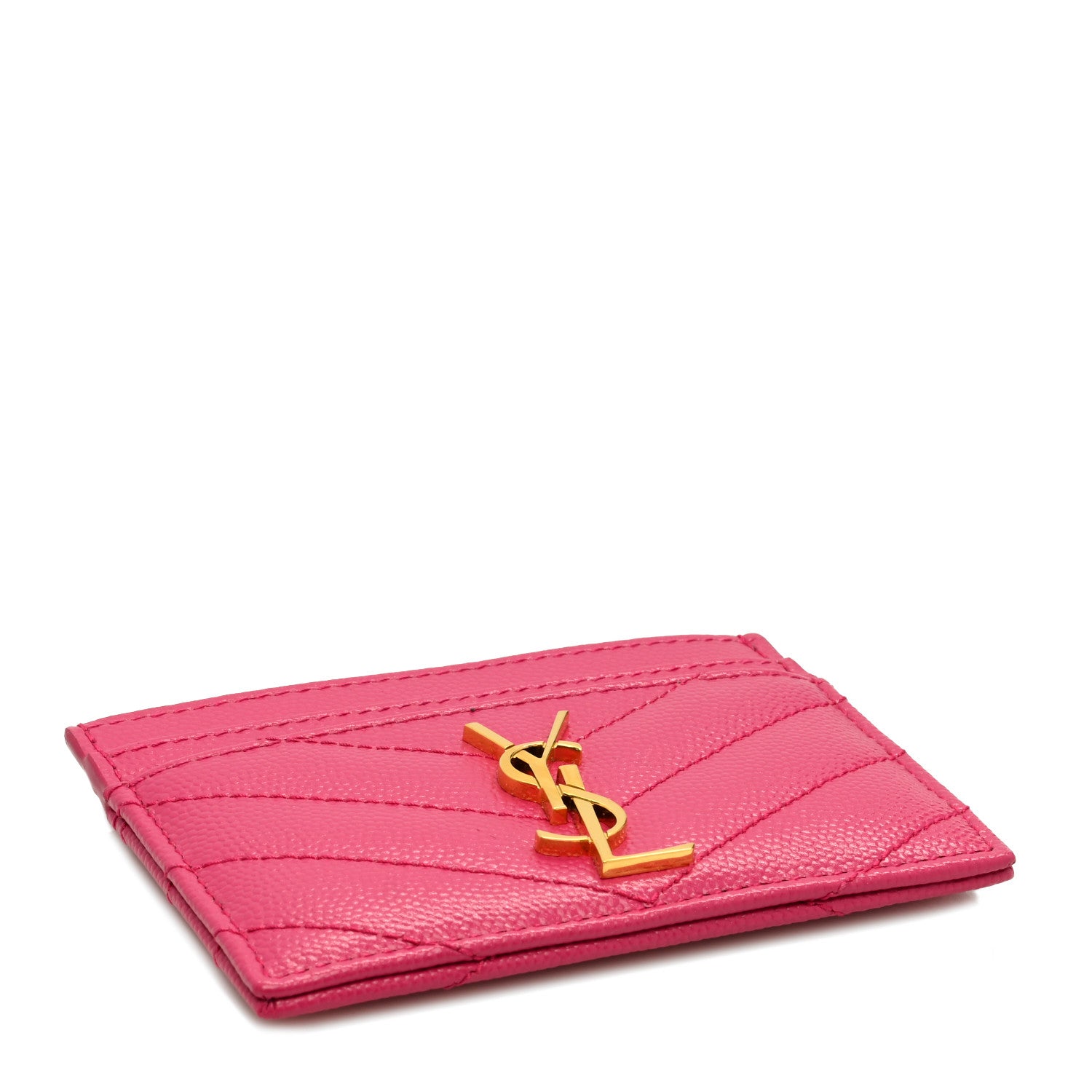 Saint Laurent Grain De Poudre Matelasse Chevron Monogram Credit Card Case Fresh Fuxia 4 of 7