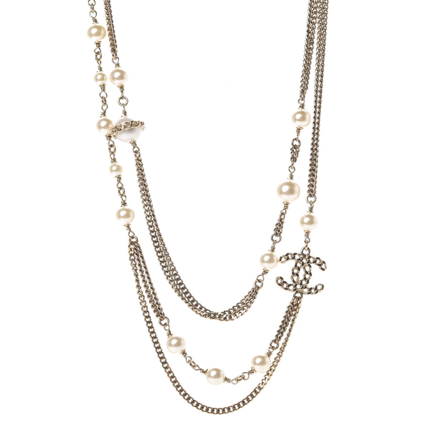 Pearl Chain CC Multi Strand Necklace Gold
