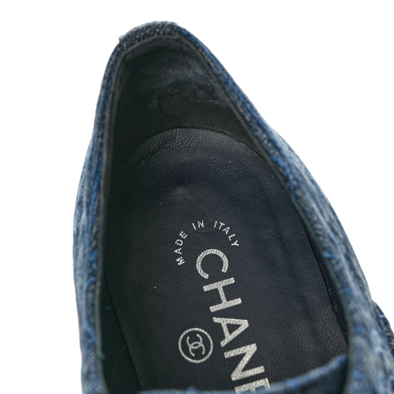 Chanel Denim Grosgrain Camellia Pearl Lace Up Sneakers 38 Blue Black 10 of 12