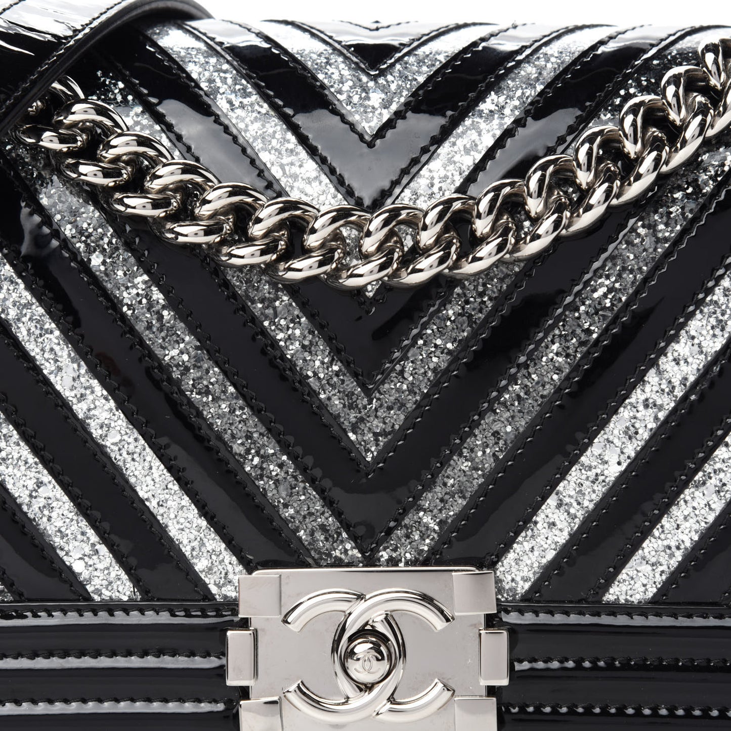 Patent Glitter PVC Chevron Quilted Medium Boy Flap Black Silver