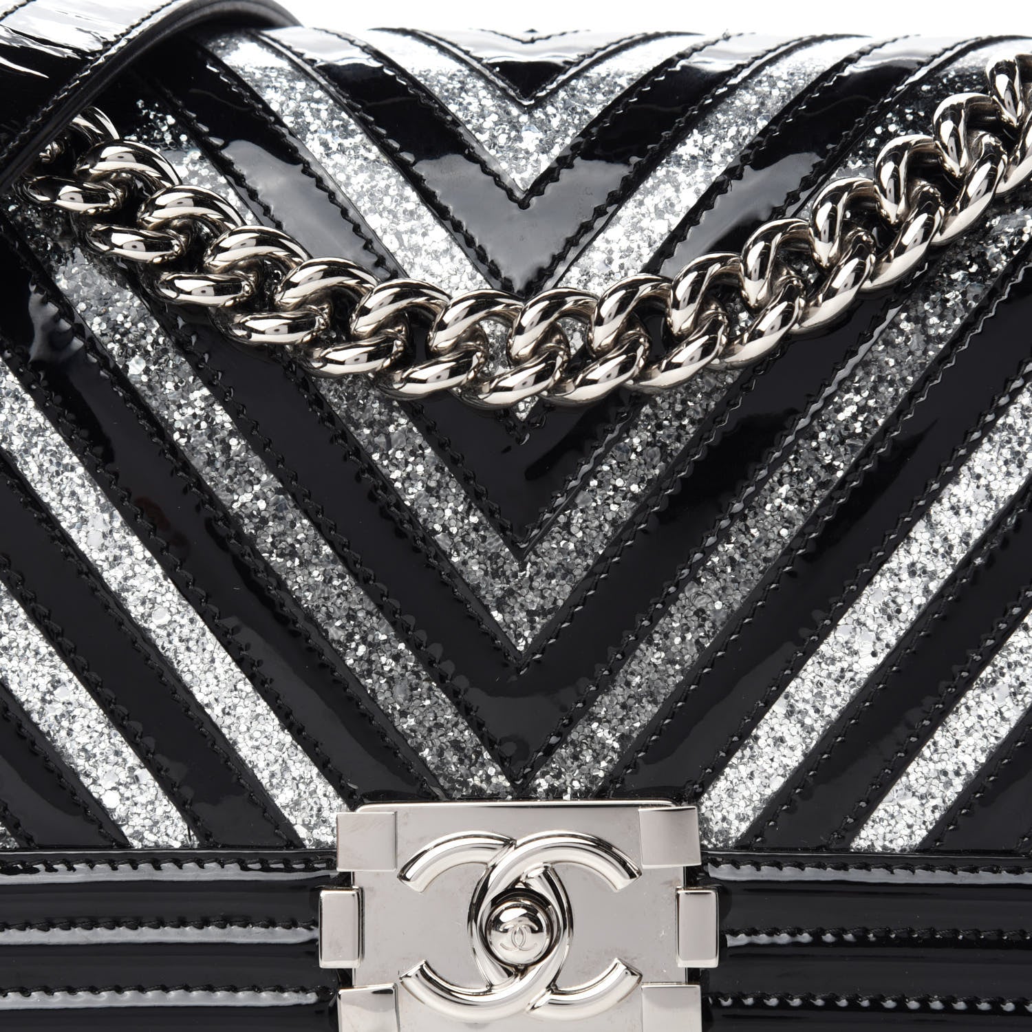 Chanel Patent Glitter PVC Chevron Quilted Medium Boy Flap Black Silver 12 of 12