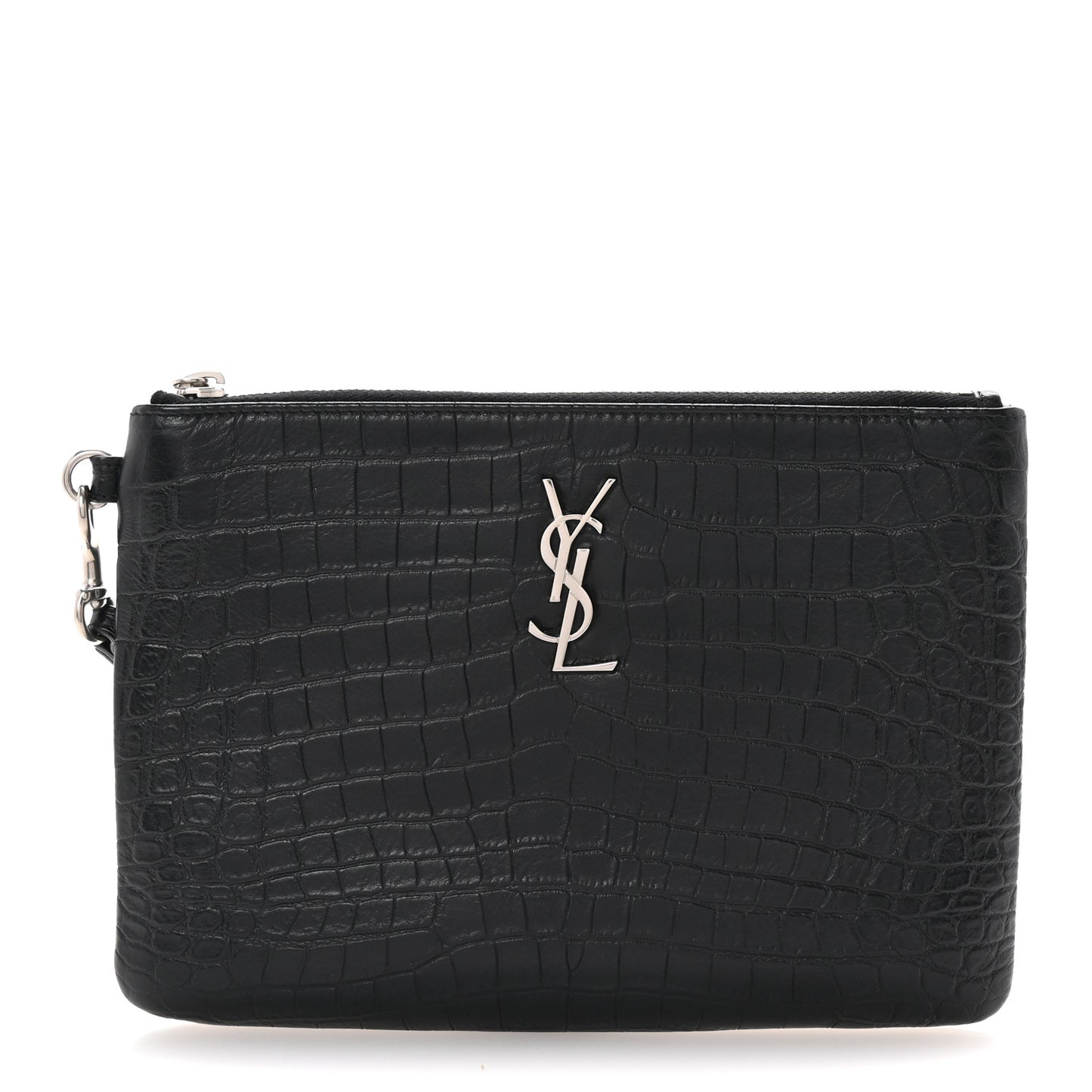 Calfskin Crocodile Embossed Monogram Zip Pouch Black