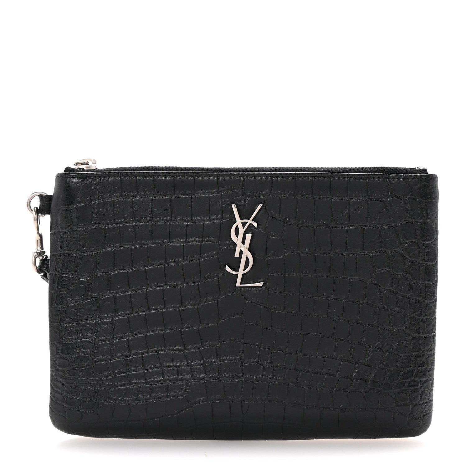 Saint Laurent Calfskin Crocodile Embossed Monogram Zip Pouch Black 1 of 7