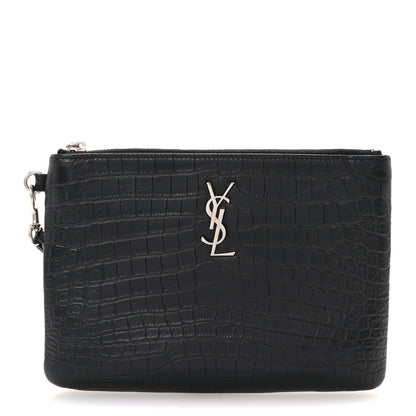 Saint Laurent Calfskin Crocodile Embossed Monogram Zip Pouch Black 1 of 7