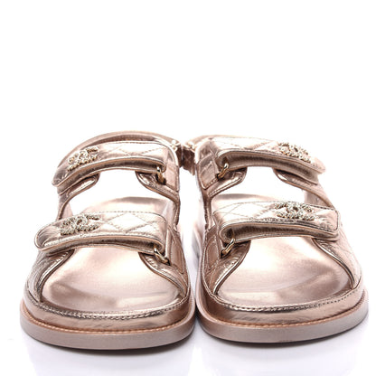 Chanel Iridescent Lambskin Quilted Velcro Dad Sandals 38.5 Light Bronze 5 of 11