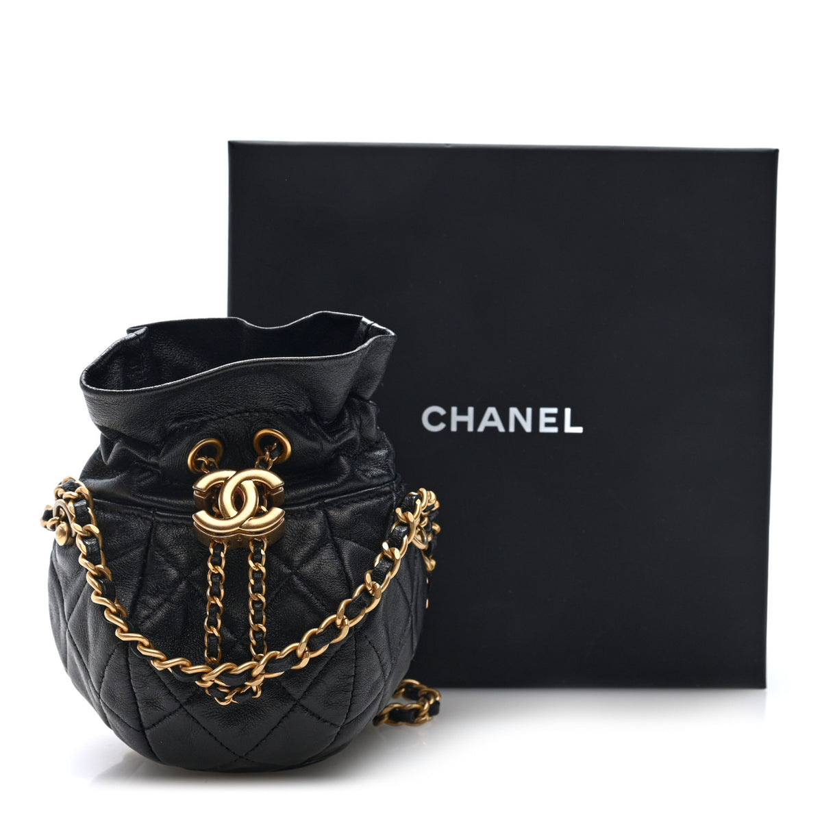 Shiny Lambskin Quilted Mini Drawstring CC Bucket Bag Black