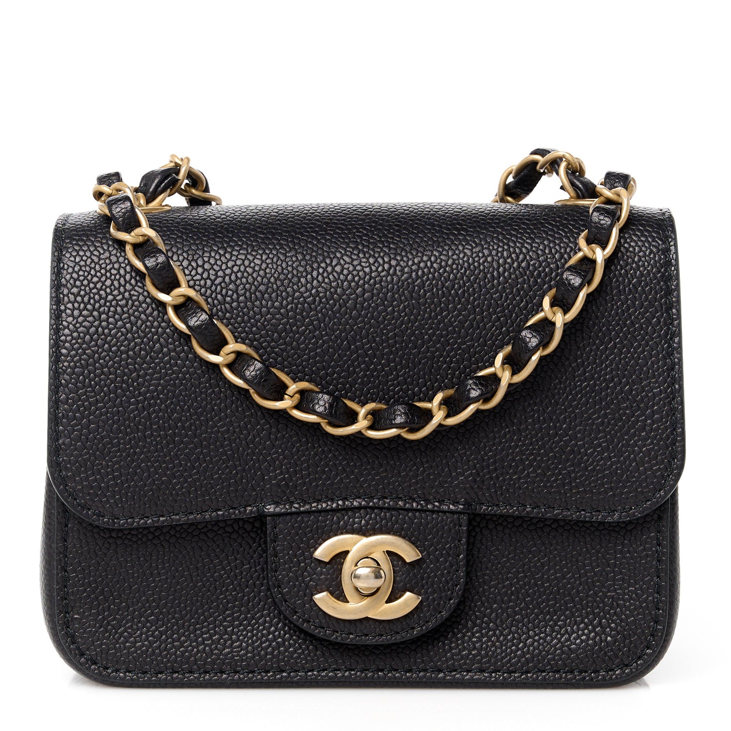 Grained Calfskin Mini Square Classic Pure Flap Black