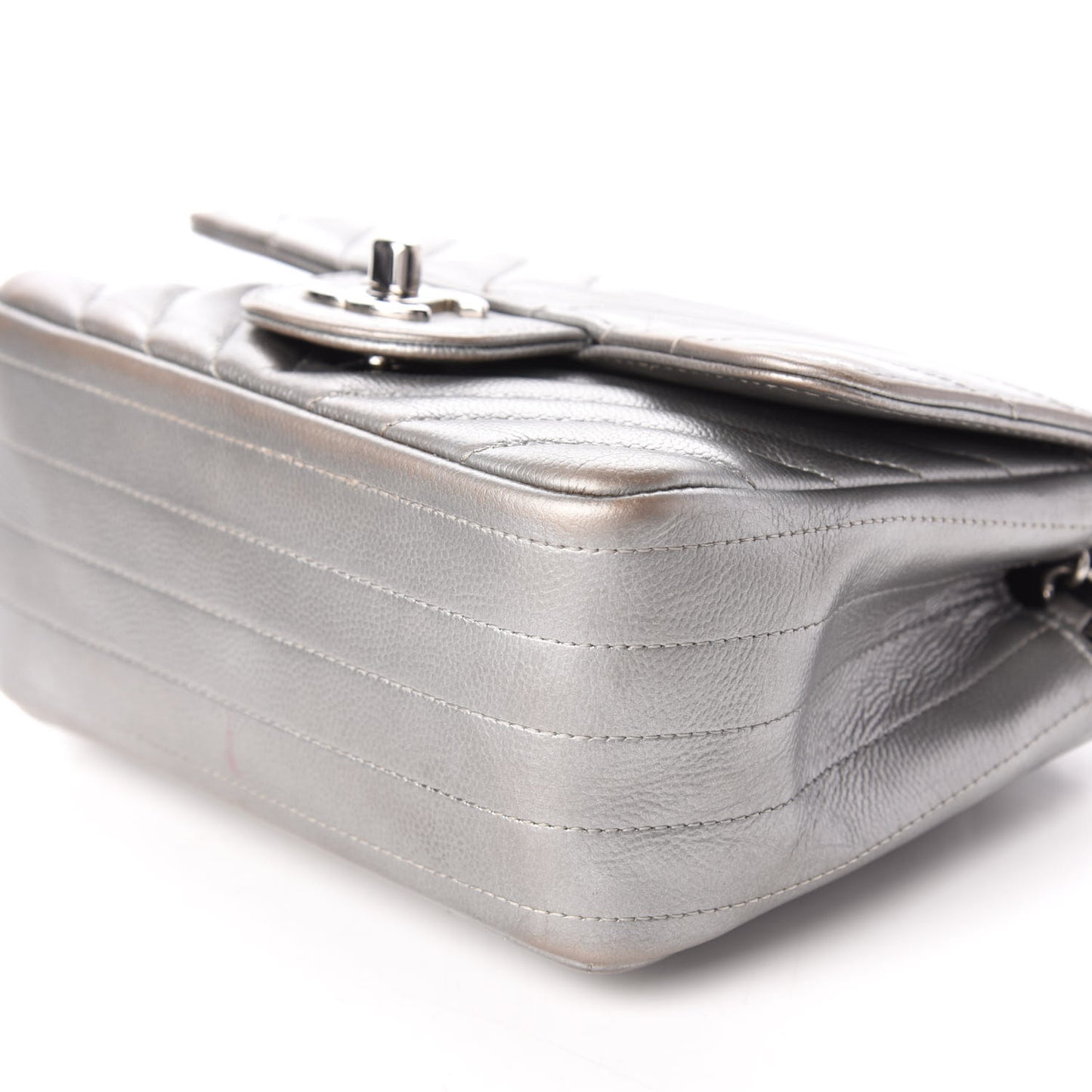 Metallic Caviar Chevron Quilted Mini Square Flap Silver