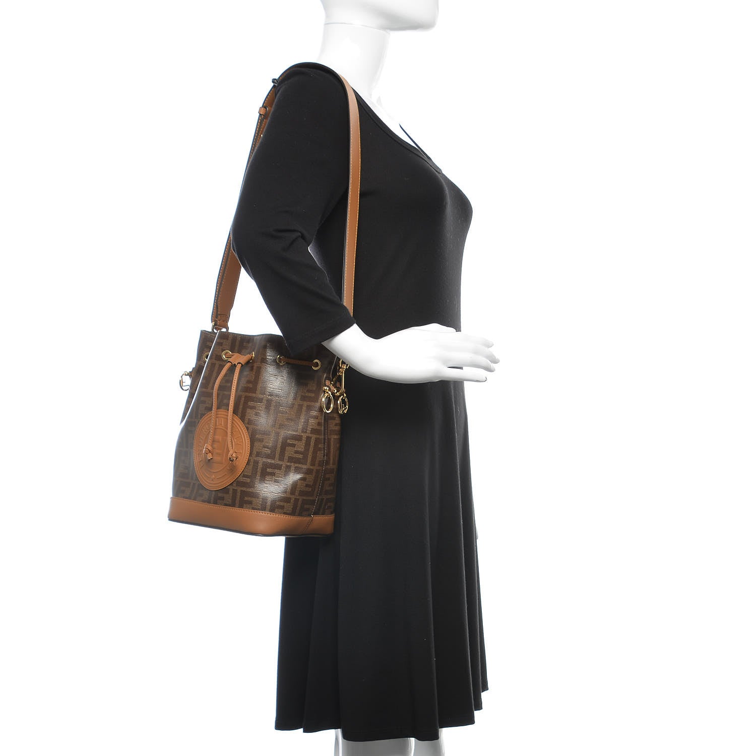 Fendi Glazed Fabric Vitello Grace F is Fendi FF 1974 Stamp Patch Grande Mon Tresor Bucket Bag Mogano Panna Nocciola 2 of 6