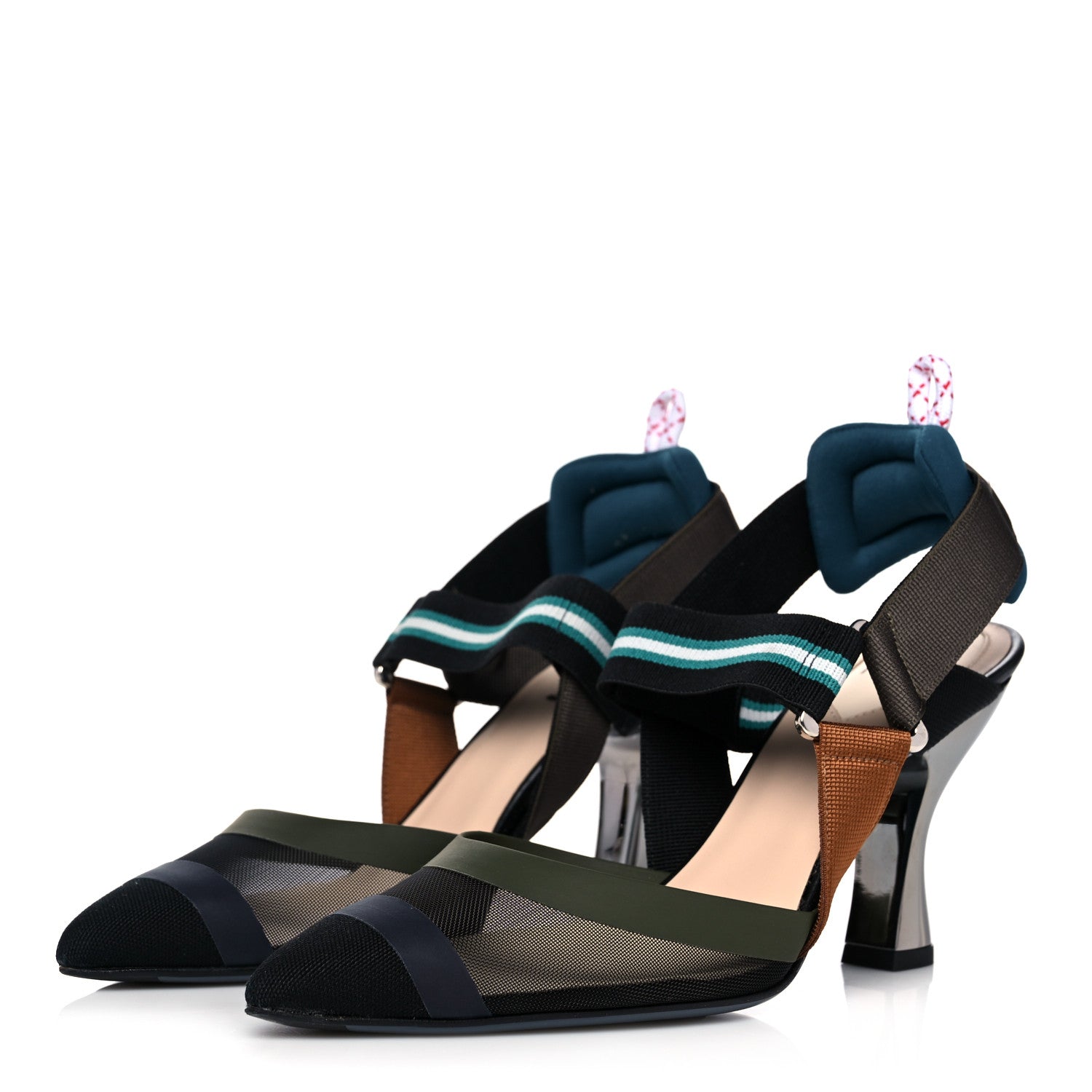 Fendi Technical Mesh Colibri 85mm Slingback Pumps 36.5 Black Verde Military 3 of 8