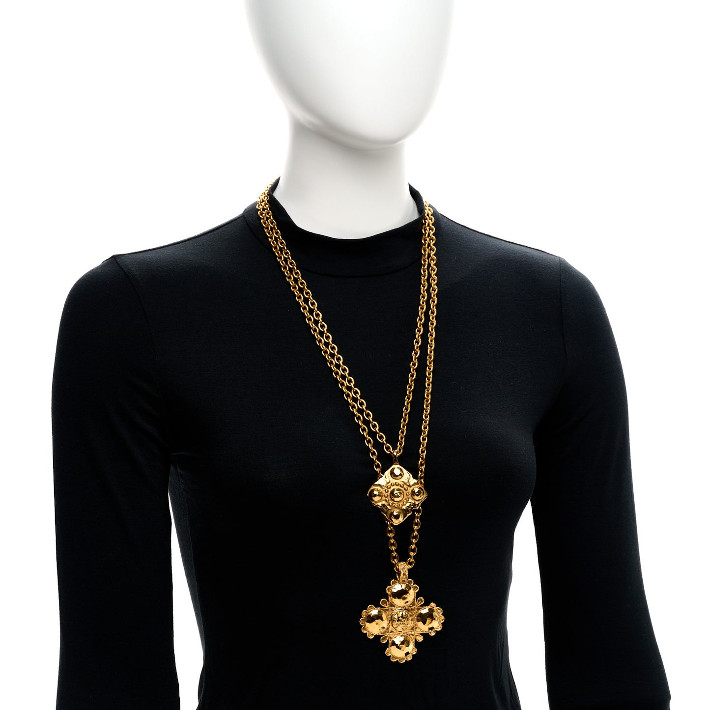 Metal CC Cross Long Pendant Double Chain Necklace Gold