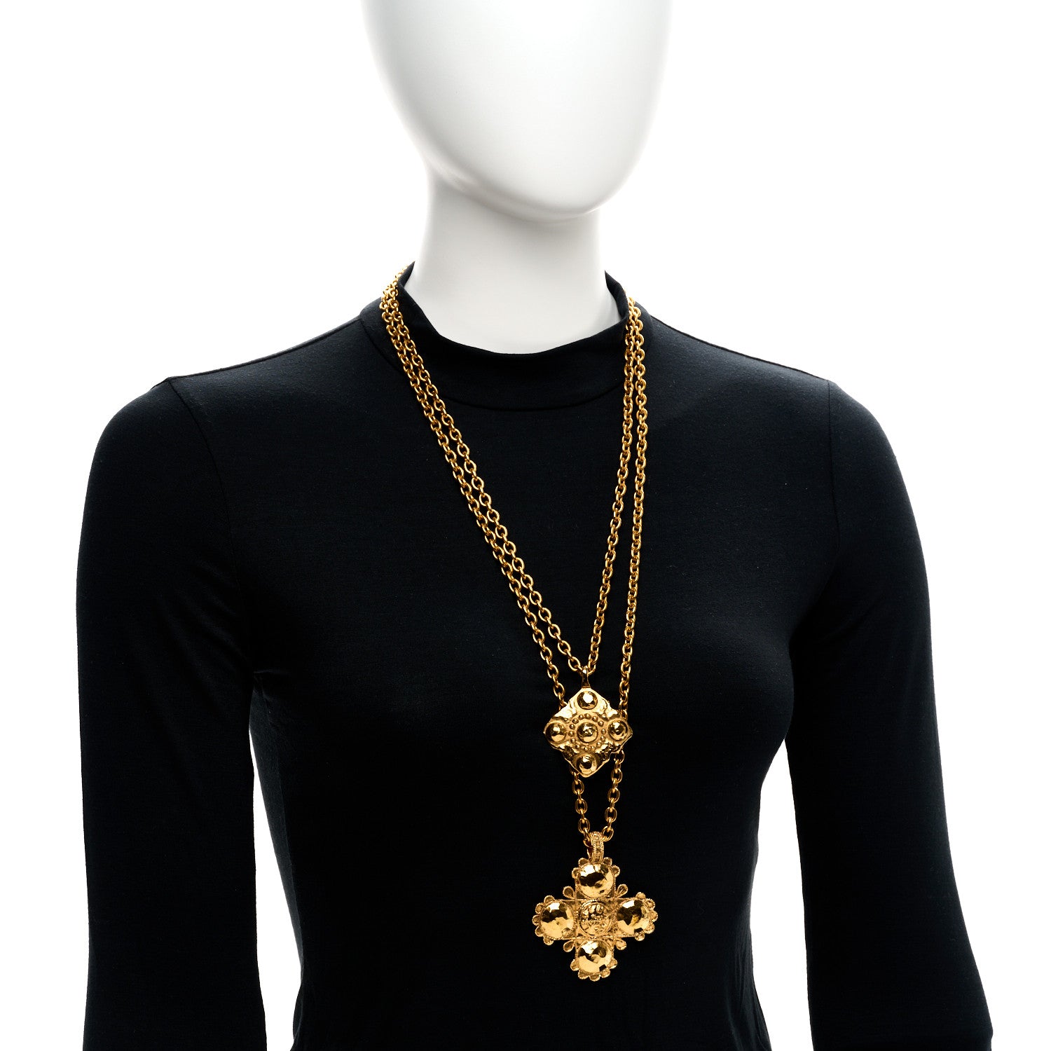 Chanel Metal CC Cross Long Pendant Double Chain Necklace Gold 2 of 6