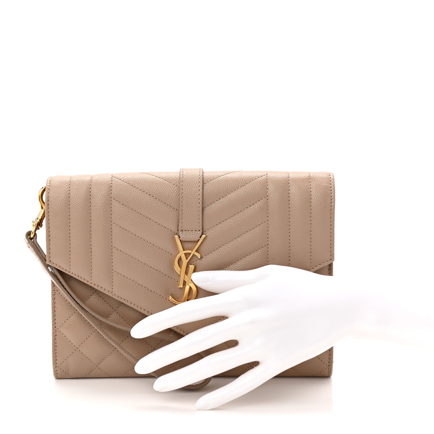 Saint Laurent Grain De Poudre Textured Mixed Matelasse Triquilt Monogram Clutch Dark Beige 2 of 8