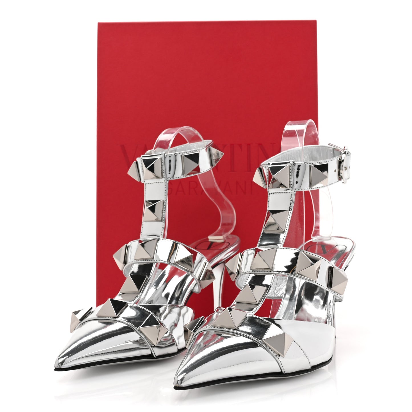 Calfskin Monochrome Roman Stud Ankle Strap 80mm Pumps 38 Silver