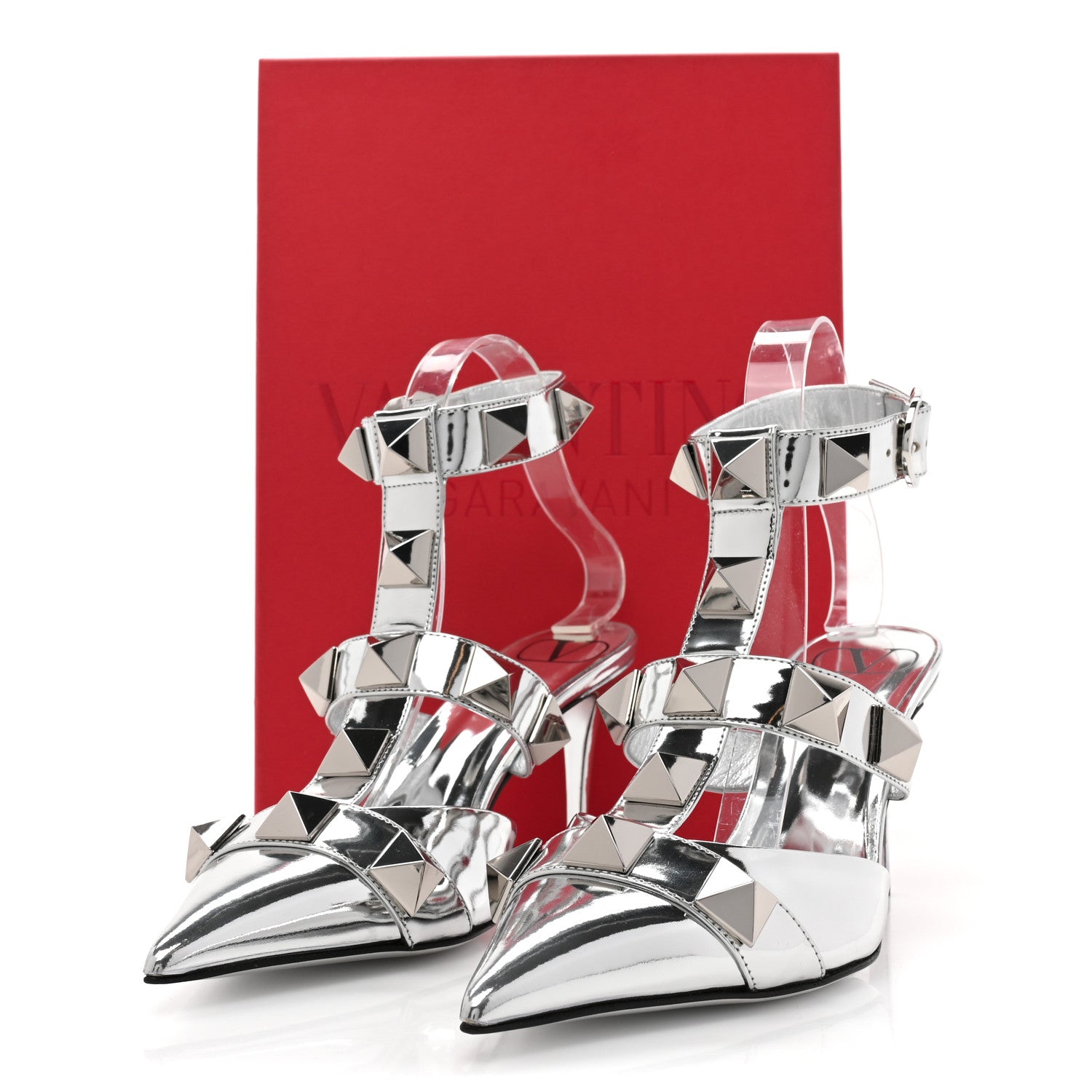 Valentino Garavani Calfskin Monochrome Roman Stud Ankle Strap 80mm Pumps 38 Silver 10 of 10