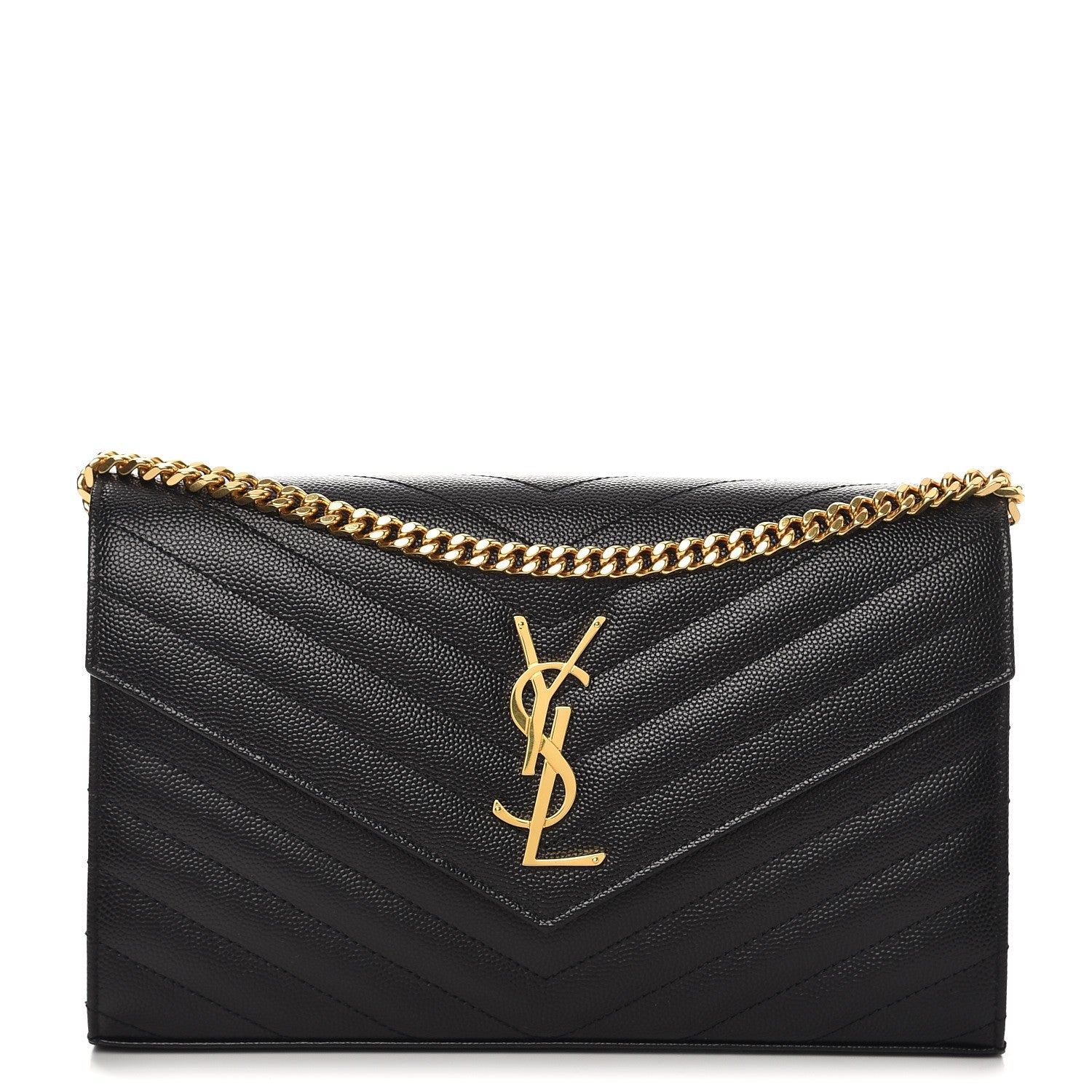 Saint Laurent Grain De Poudre Matelasse Chevron Monogram Chain Wallet Black 1 of 7