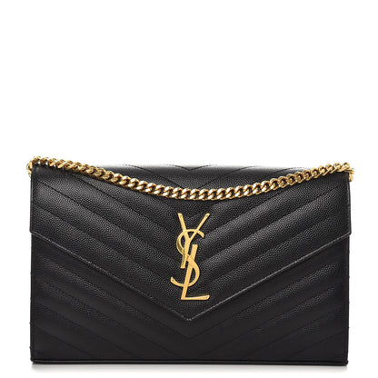 Saint Laurent Grain De Poudre Matelasse Chevron Monogram Chain Wallet Black 1 of 7