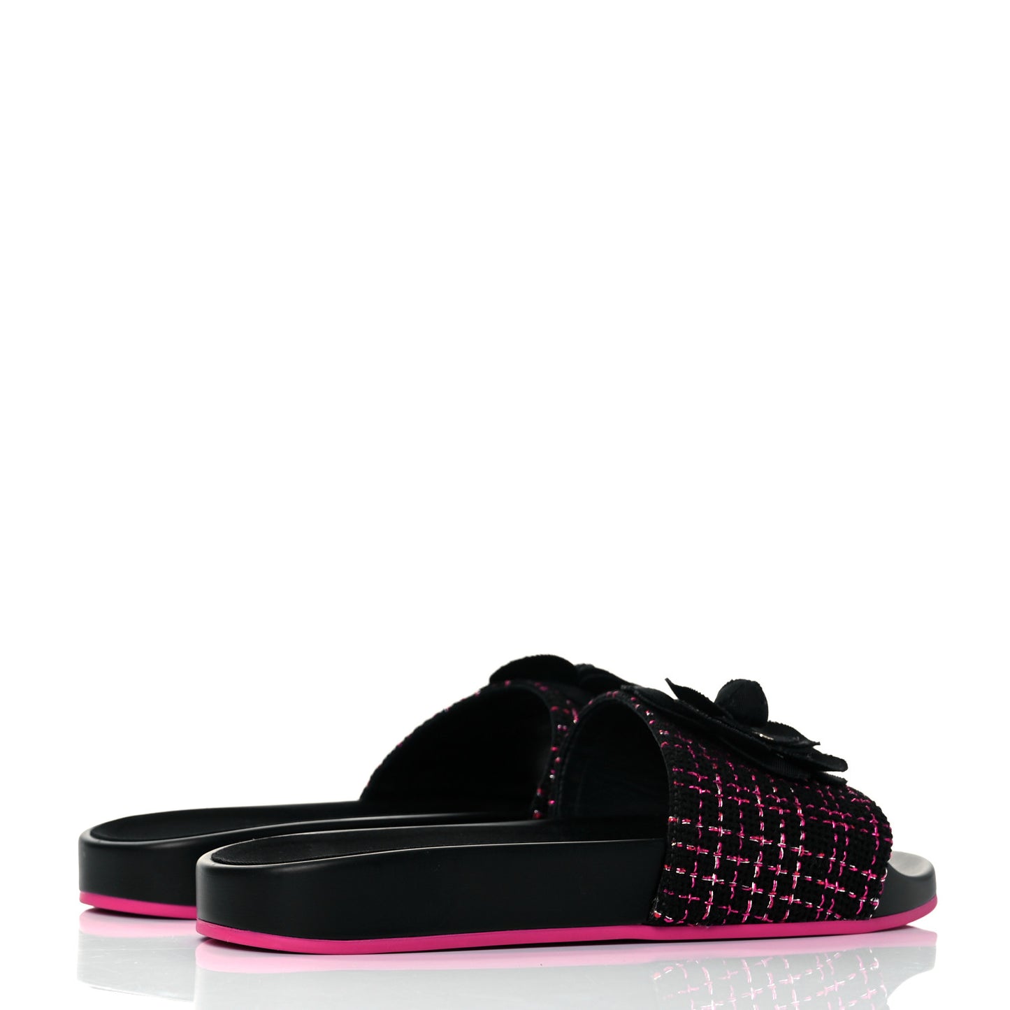 Tweed Grosgrain Camellia CC Flat Mules 37 Black Pink