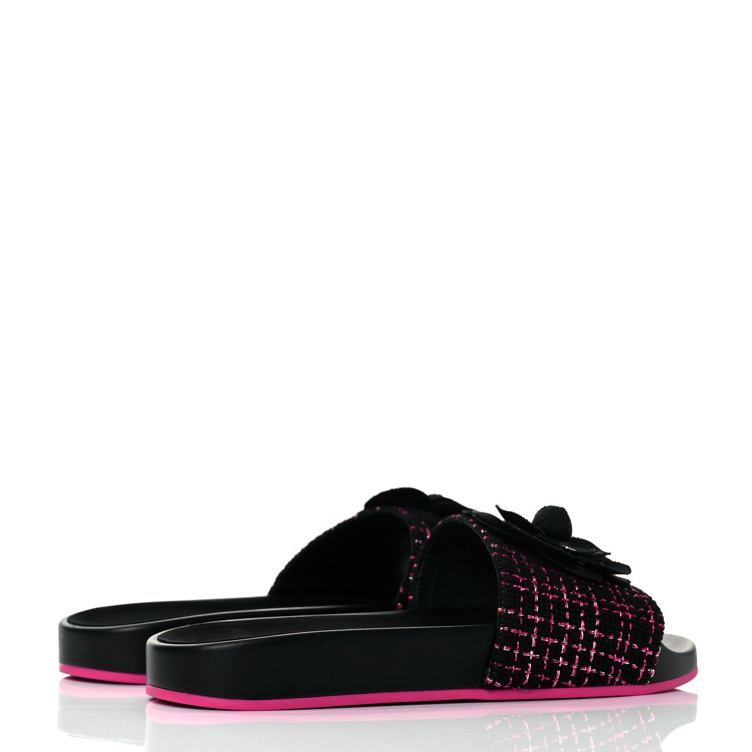 Chanel Tweed Grosgrain Camellia CC Flat Mules 37 Black Pink 4 of 8