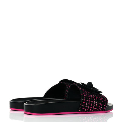 Chanel Tweed Grosgrain Camellia CC Flat Mules 37 Black Pink 4 of 8