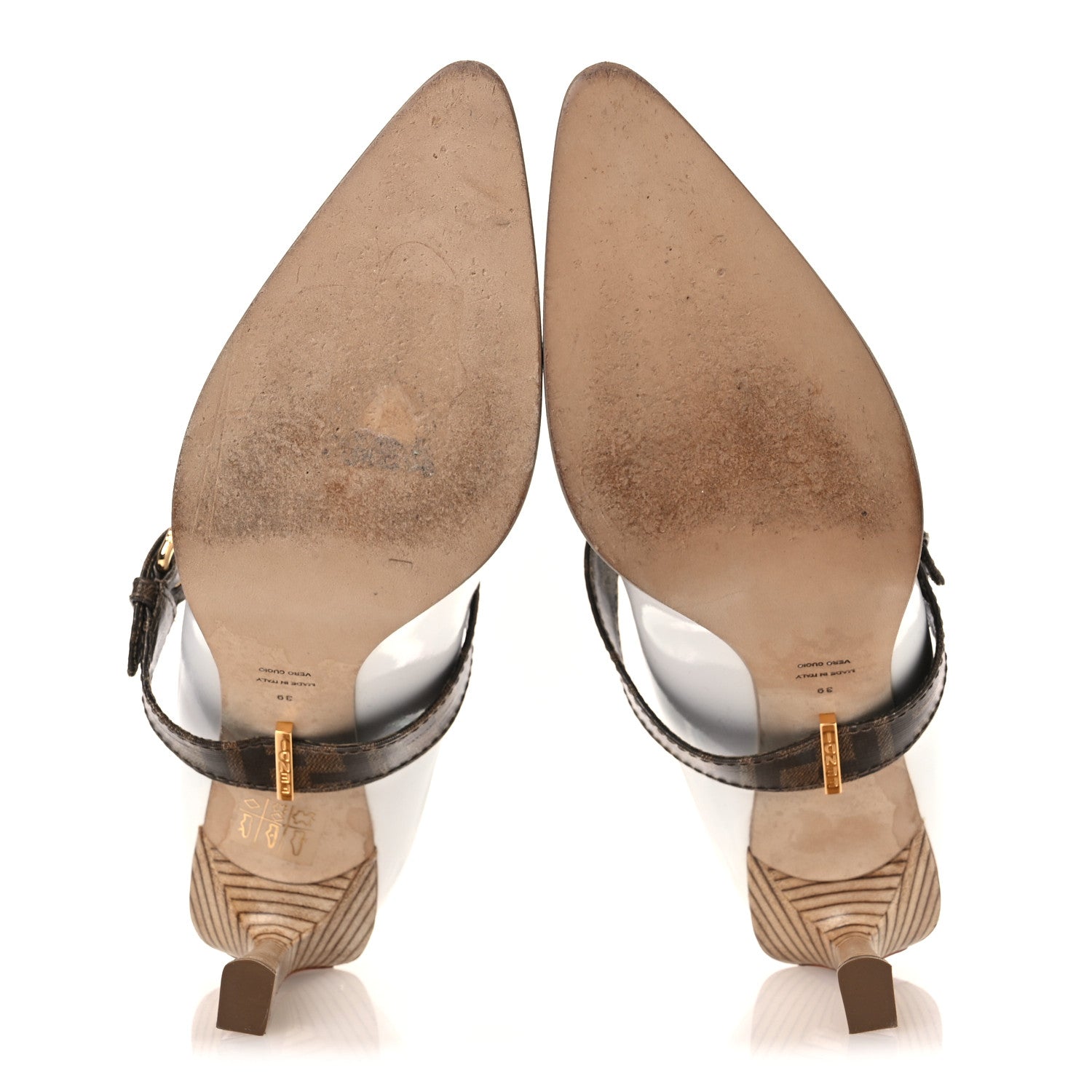 Fendi Glossy Neoprene Glazed Fabric FF FFrame Court Mary Jane Pumps 39 White Tobacco Moro 7 of 11